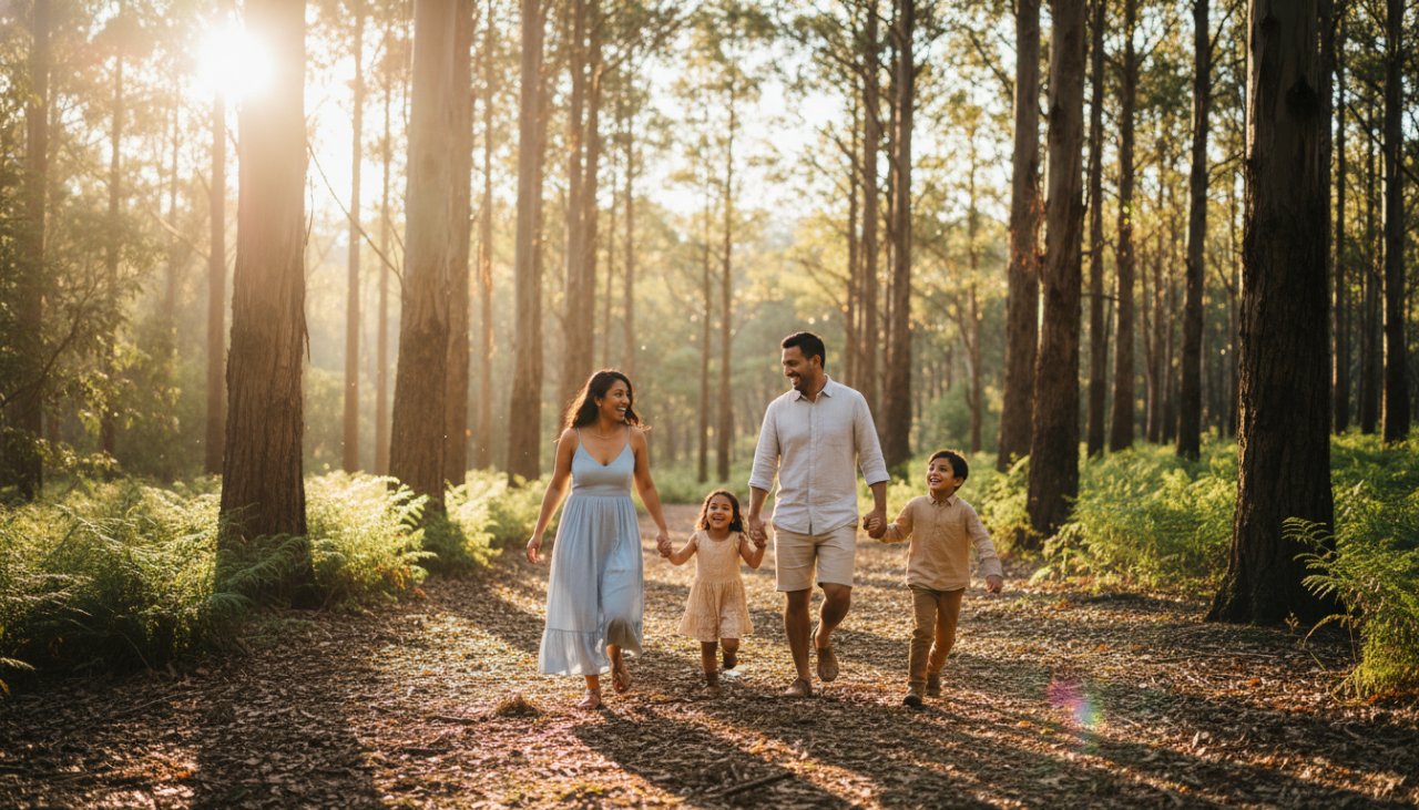 An emotional wide shot capturing a Tecoma family photography capturing genuine moments, parents embracing their laughing children amidst the dappled sunlight of a lush Tecoma park, a true epic moment of joy and connection.