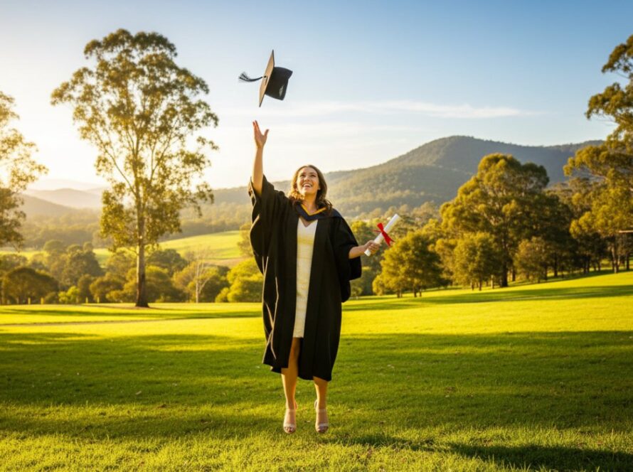 A jubilant graduate in Tecoma, celebrating their academic achievement with cap in the air against the vibrant backdrop of local greenery and the Dandenong Ranges, perfectly illustrating Tecoma graduation photography capturing milestone moments.