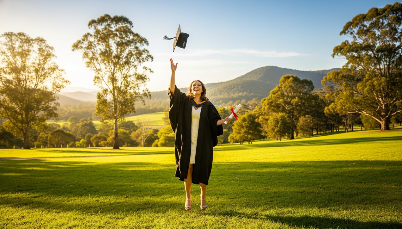 A jubilant graduate in Tecoma, celebrating their academic achievement with cap in the air against the vibrant backdrop of local greenery and the Dandenong Ranges, perfectly illustrating Tecoma graduation photography capturing milestone moments.