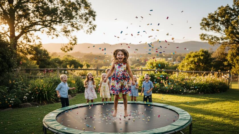 A candid, joyful wide-angle shot of a child blowing out birthday candles at a Tecoma kids birthday party, surrounded by laughing friends and family, with golden hour light streaming through a large window, capturing a perfect Tecoma kids birthday party photography moment of pure happiness.