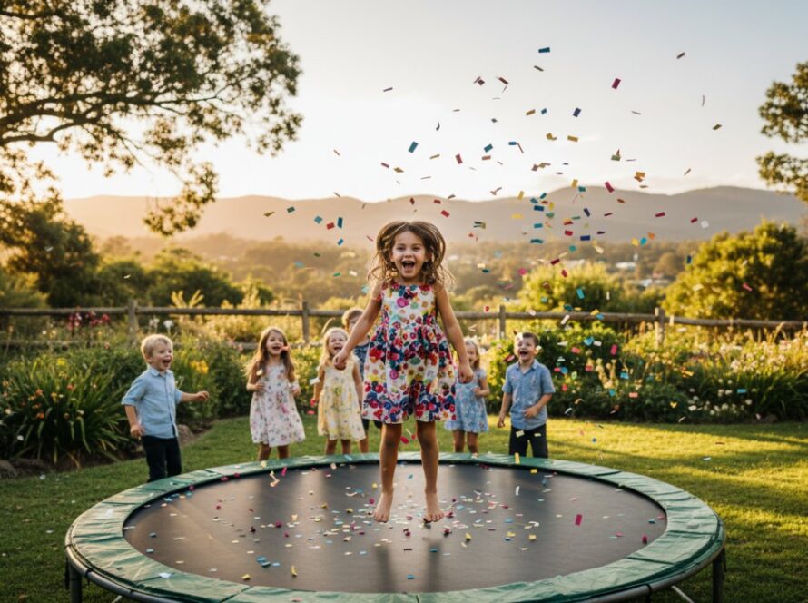 A candid, joyful wide-angle shot of a child blowing out birthday candles at a Tecoma kids birthday party, surrounded by laughing friends and family, with golden hour light streaming through a large window, capturing a perfect Tecoma kids birthday party photography moment of pure happiness.