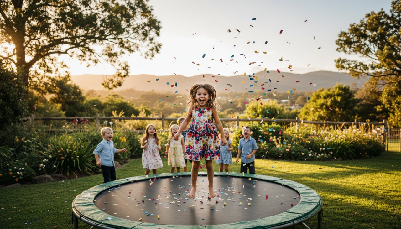 A candid, joyful wide-angle shot of a child blowing out birthday candles at a Tecoma kids birthday party, surrounded by laughing friends and family, with golden hour light streaming through a large window, capturing a perfect Tecoma kids birthday party photography moment of pure happiness.