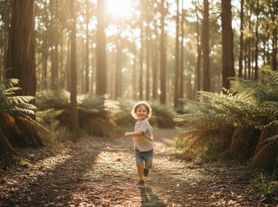 A heartwarming Tecoma kids photography outdoor portrait session in Victoria, capturing a child laughing joyfully amidst the dappled sunlight of a Tecoma park, a golden retriever playfully nudging their hand.