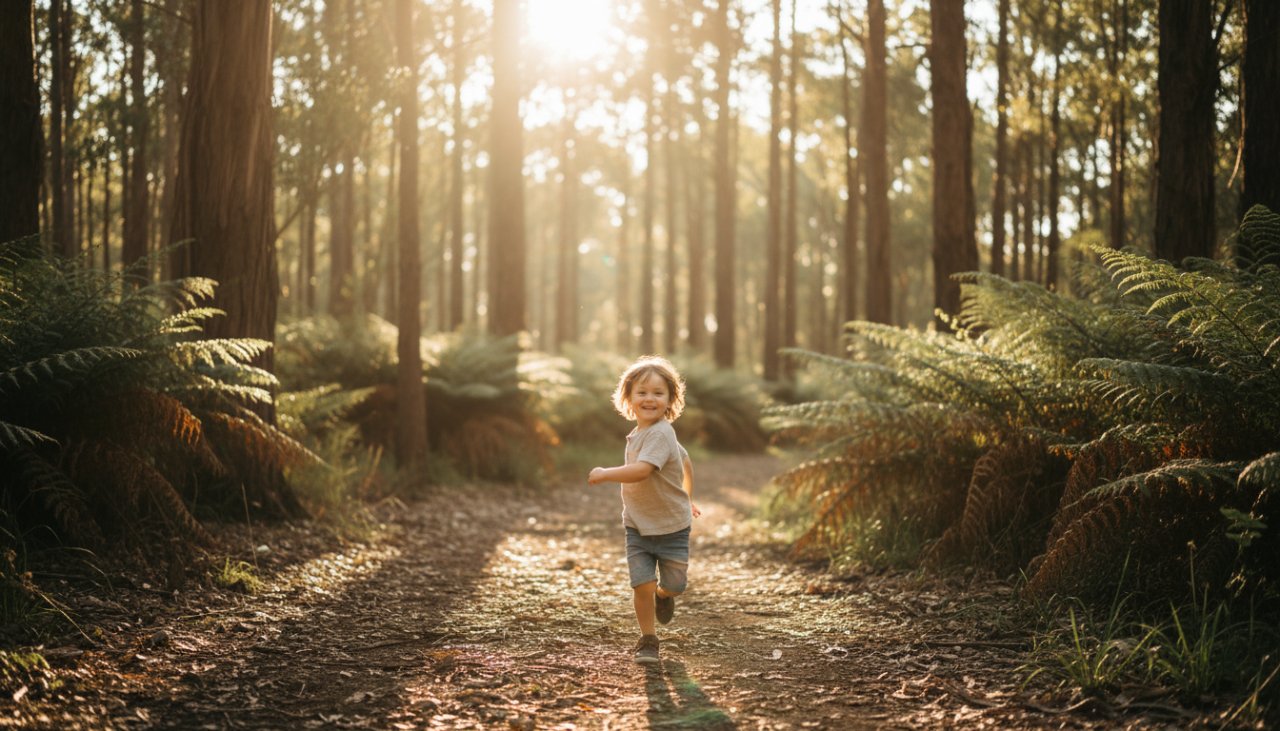 A heartwarming Tecoma kids photography outdoor portrait session in Victoria, capturing a child laughing joyfully amidst the dappled sunlight of a Tecoma park, a golden retriever playfully nudging their hand.