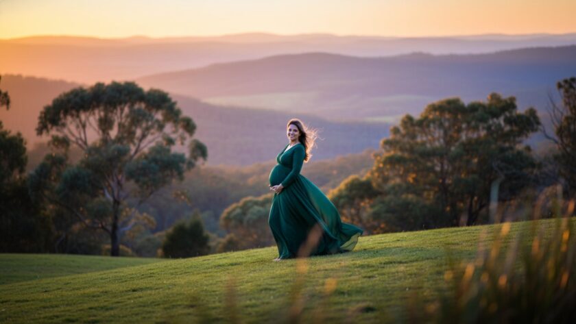 An expectant mother in a flowing gown, bathed in the soft, golden light of a Tecoma maternity photography outdoor autumn glow, standing gracefully amidst native Australian flora, capturing an epic, serene moment.