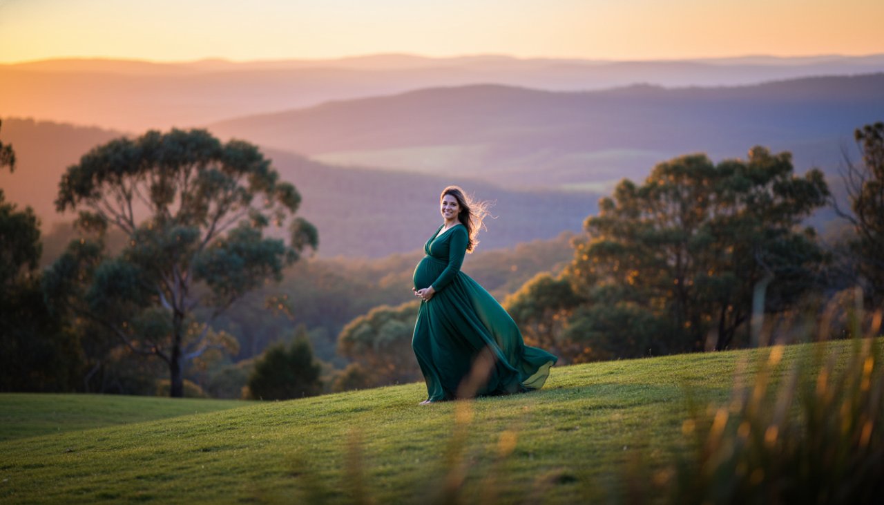 An expectant mother in a flowing gown, bathed in the soft, golden light of a Tecoma maternity photography outdoor autumn glow, standing gracefully amidst native Australian flora, capturing an epic, serene moment.