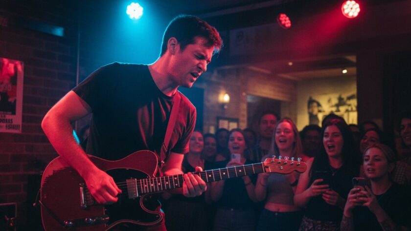 An electrifying 'epic moment' photograph capturing a lead singer passionately performing on stage under dramatic stage lights at a Tecoma vibrant live music photography local gigs event, with the crowd visible and blurred in the foreground, conveying the intense energy of the performance.