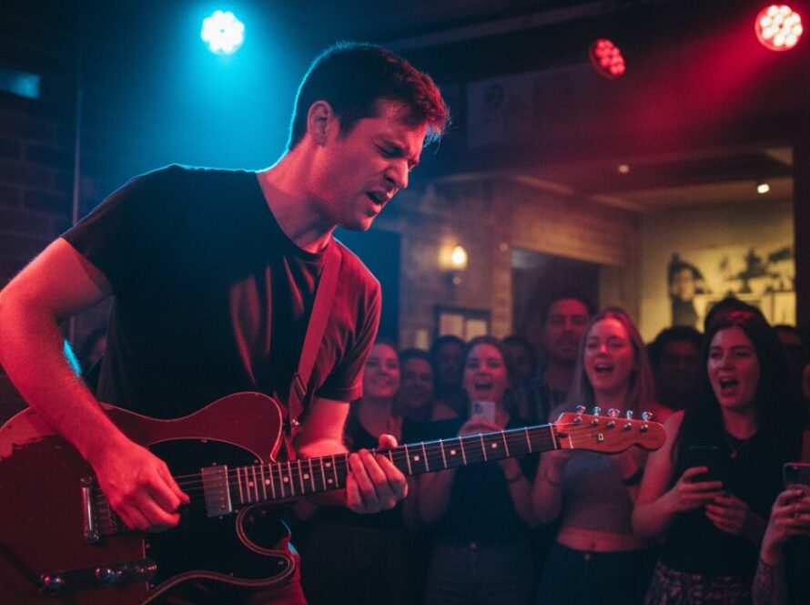 An electrifying 'epic moment' photograph capturing a lead singer passionately performing on stage under dramatic stage lights at a Tecoma vibrant live music photography local gigs event, with the crowd visible and blurred in the foreground, conveying the intense energy of the performance.