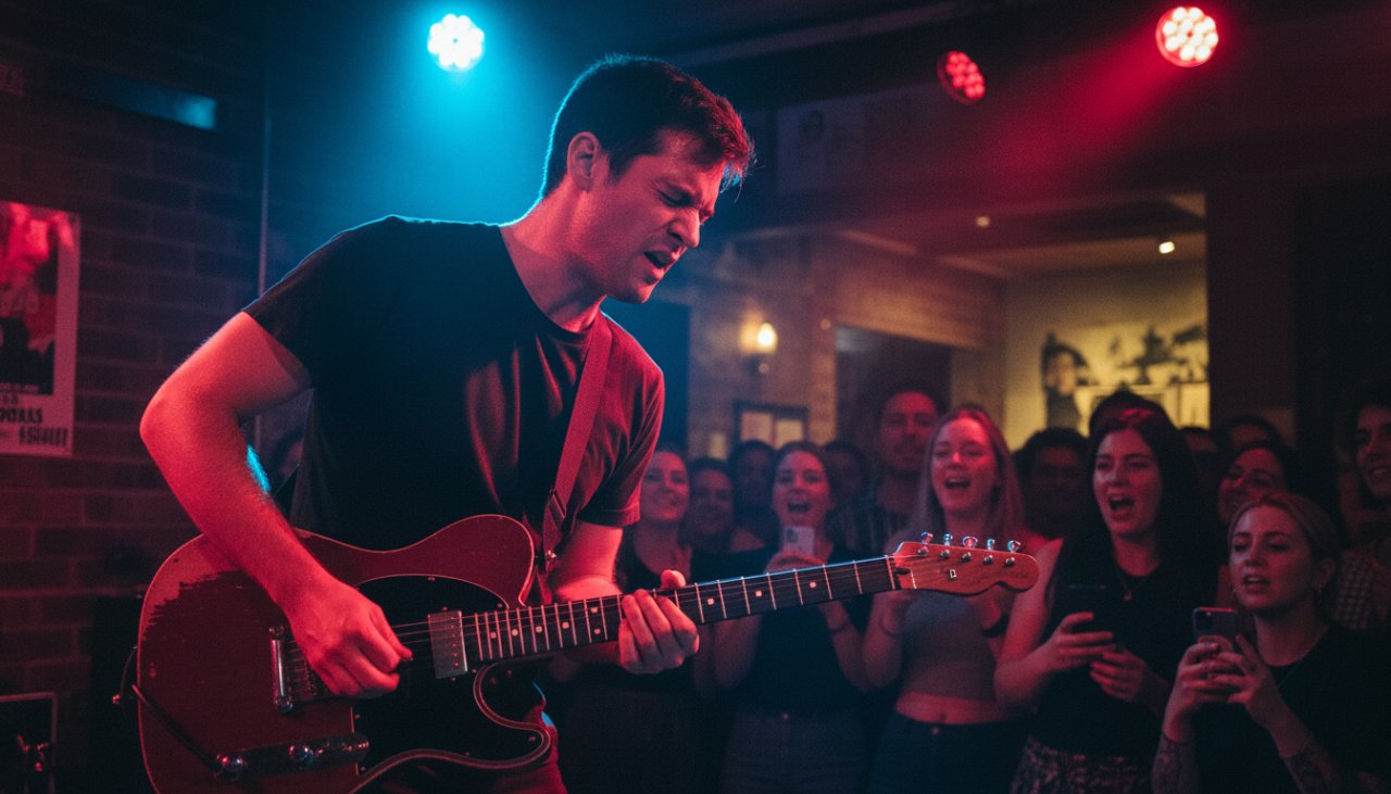 An electrifying 'epic moment' photograph capturing a lead singer passionately performing on stage under dramatic stage lights at a Tecoma vibrant live music photography local gigs event, with the crowd visible and blurred in the foreground, conveying the intense energy of the performance.
