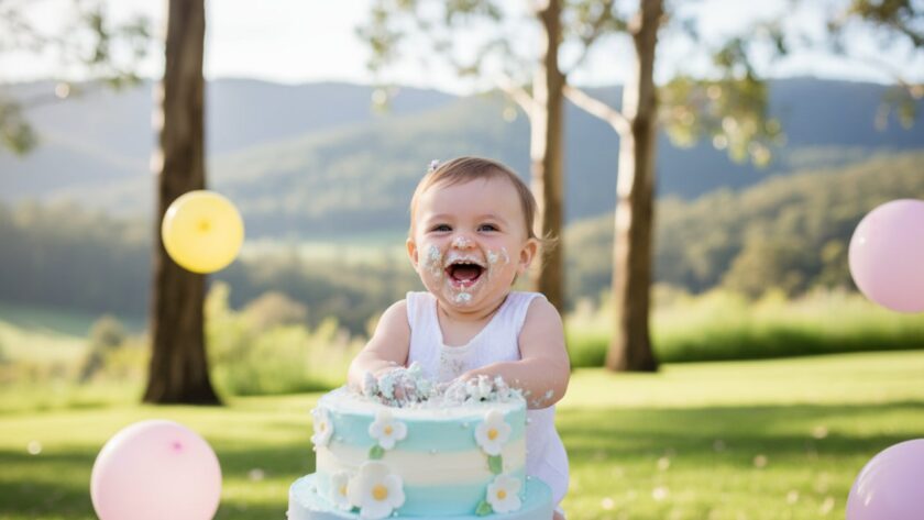 An epic, joyful photograph capturing the exact moment a baby enthusiastically smashes into their first birthday cake amidst colourful balloons and confetti in a whimsical Tecoma setting, highlighting Tecoma Victoria cake smash photography unforgettable moments.
