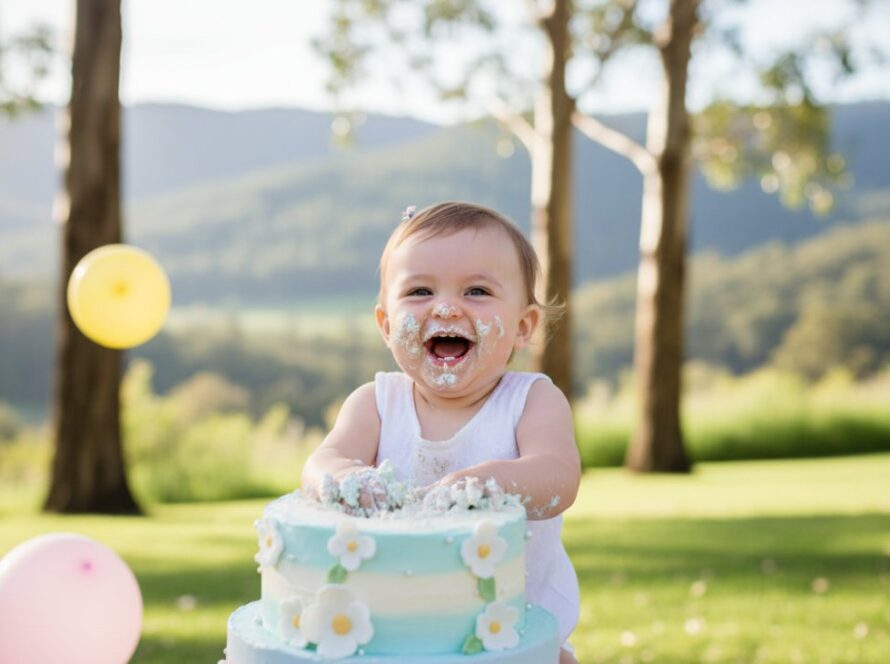 An epic, joyful photograph capturing the exact moment a baby enthusiastically smashes into their first birthday cake amidst colourful balloons and confetti in a whimsical Tecoma setting, highlighting Tecoma Victoria cake smash photography unforgettable moments.