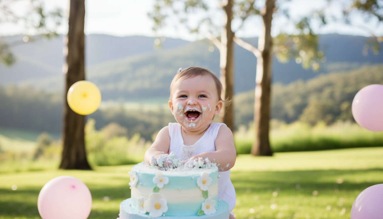 An epic, joyful photograph capturing the exact moment a baby enthusiastically smashes into their first birthday cake amidst colourful balloons and confetti in a whimsical Tecoma setting, highlighting Tecoma Victoria cake smash photography unforgettable moments.