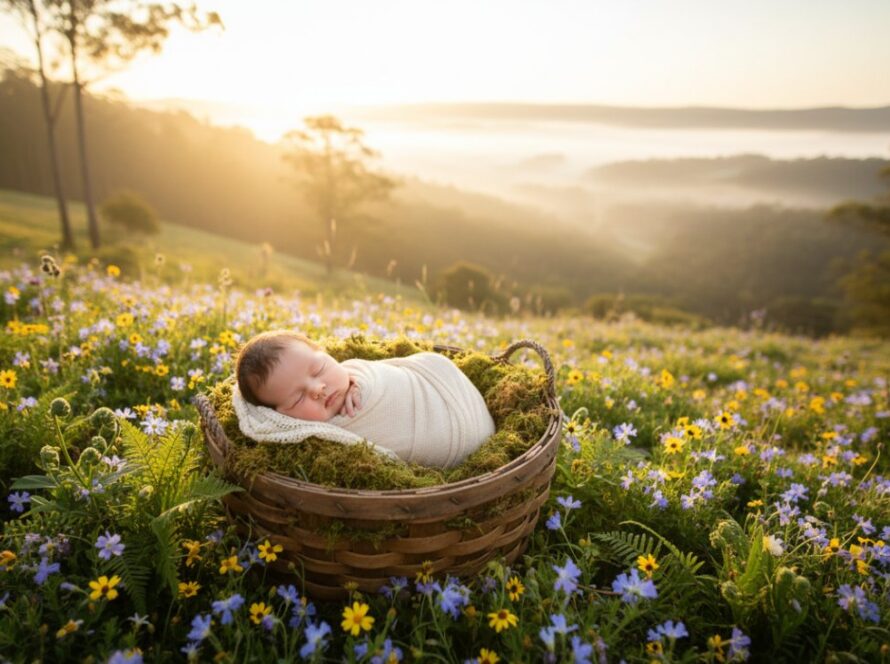 An enchanting wide-angle photograph capturing a Tecoma Victoria newborn outdoor photoshoot Dandenong Ranges, featuring a sleeping baby nestled safely in a rustic wooden basket amidst soft wildflowers, with a loving family softly out of focus in the background, bathed in golden hour sunlight.