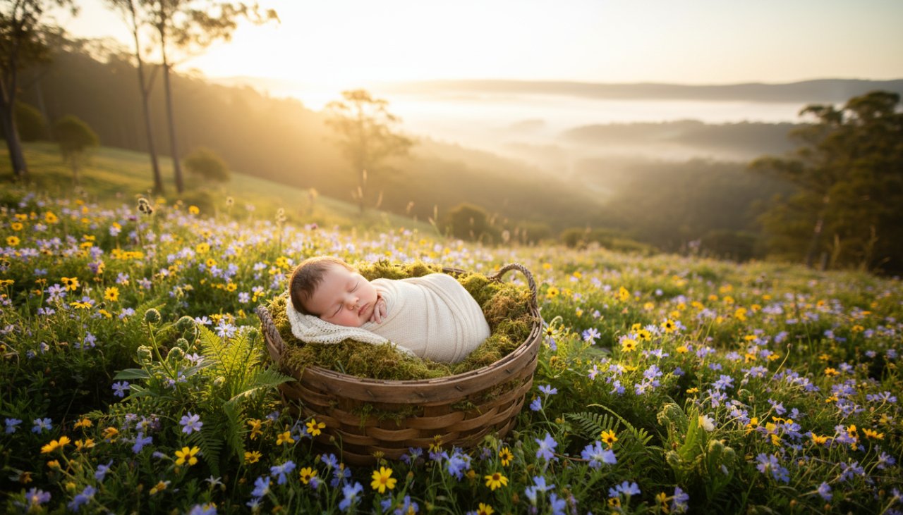 An enchanting wide-angle photograph capturing a Tecoma Victoria newborn outdoor photoshoot Dandenong Ranges, featuring a sleeping baby nestled safely in a rustic wooden basket amidst soft wildflowers, with a loving family softly out of focus in the background, bathed in golden hour sunlight.