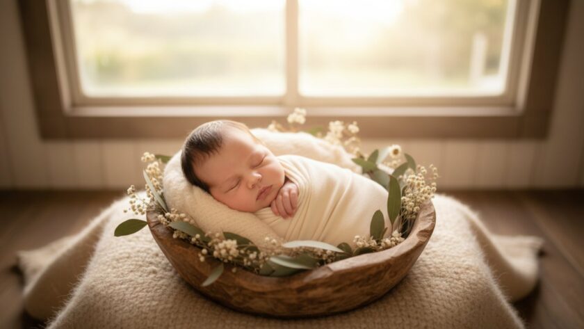 A heartwarming 'epic moment' photograph from tender newborn photography sessions Healesville, showing a peacefully sleeping baby swaddled in soft organic cotton, nestled in a rustic wooden basket with delicate native Australian flora in the foreground, bathed in the gentle golden light of a Healesville sunrise through a window, evoking a sense of calm and new beginnings.