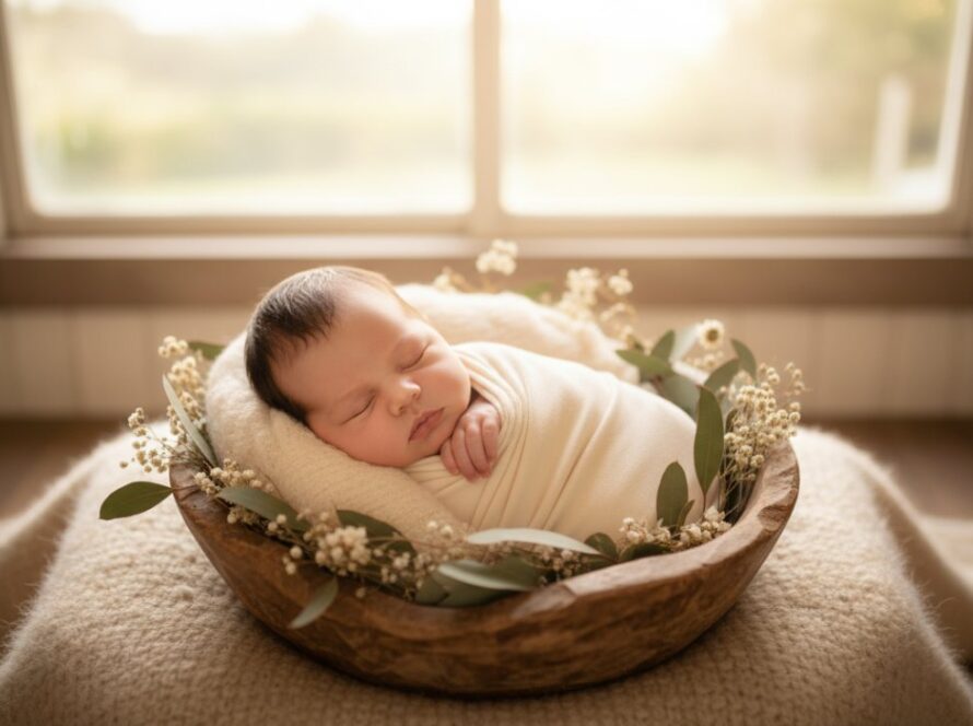 A heartwarming 'epic moment' photograph from tender newborn photography sessions Healesville, showing a peacefully sleeping baby swaddled in soft organic cotton, nestled in a rustic wooden basket with delicate native Australian flora in the foreground, bathed in the gentle golden light of a Healesville sunrise through a window, evoking a sense of calm and new beginnings.