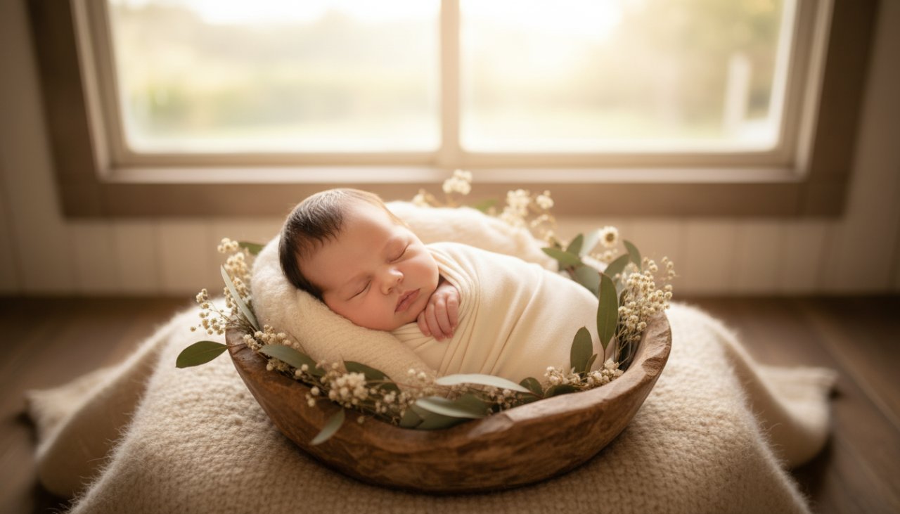 A heartwarming 'epic moment' photograph from tender newborn photography sessions Healesville, showing a peacefully sleeping baby swaddled in soft organic cotton, nestled in a rustic wooden basket with delicate native Australian flora in the foreground, bathed in the gentle golden light of a Healesville sunrise through a window, evoking a sense of calm and new beginnings.
