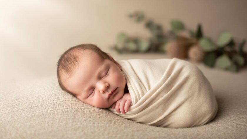 An intimate, heartwarming 'epic moment' photograph capturing a newborn baby swaddled in soft cream fabric, gently cradled in their parent's hands, bathed in soft, natural window light in a serene Seville studio, symbolising tender newborn photography sessions Seville Victoria.