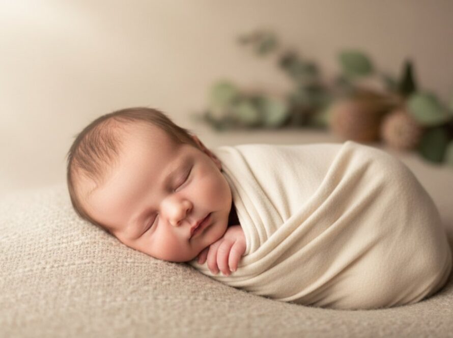 An intimate, heartwarming 'epic moment' photograph capturing a newborn baby swaddled in soft cream fabric, gently cradled in their parent's hands, bathed in soft, natural window light in a serene Seville studio, symbolising tender newborn photography sessions Seville Victoria.