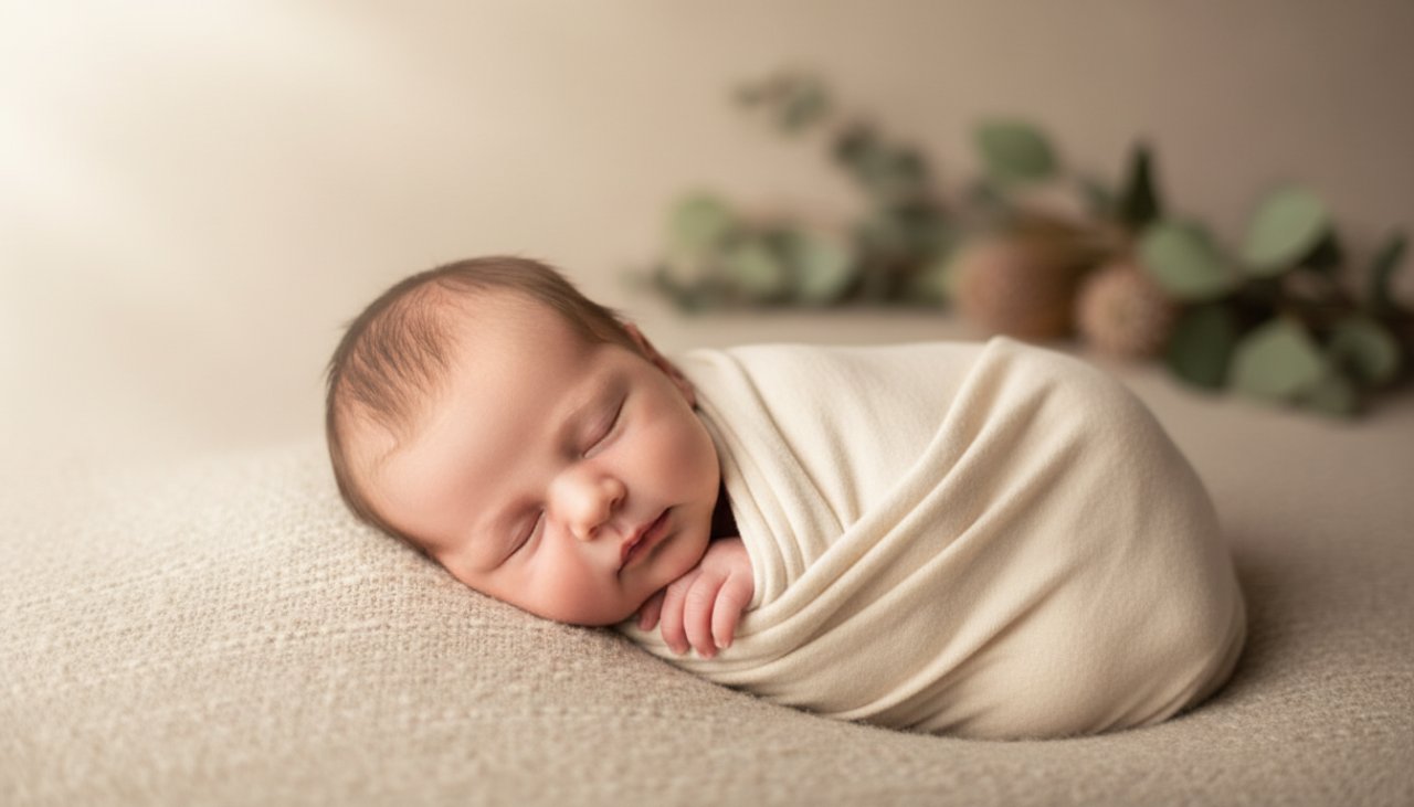 An intimate, heartwarming 'epic moment' photograph capturing a newborn baby swaddled in soft cream fabric, gently cradled in their parent's hands, bathed in soft, natural window light in a serene Seville studio, symbolising tender newborn photography sessions Seville Victoria.