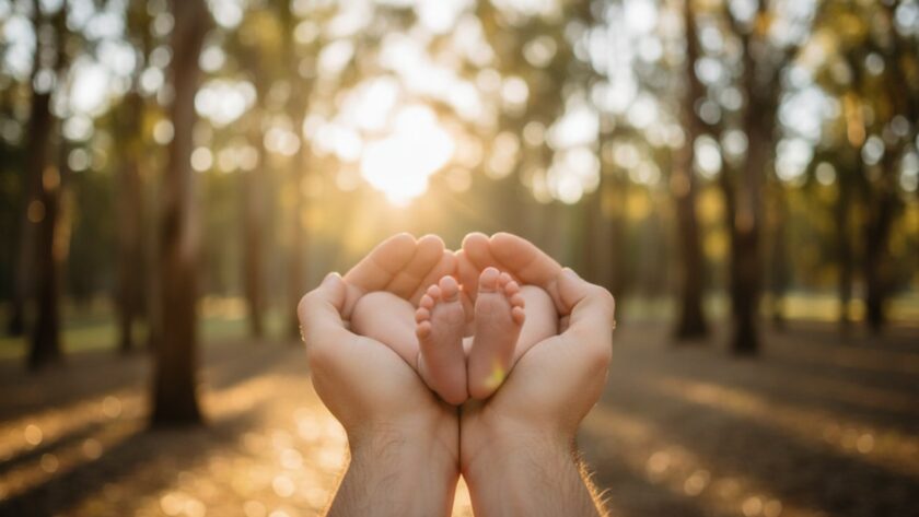 A heartwarming, cinematic shot showcasing a tender newborn photoshoot Emerald Victoria families would love, featuring a peaceful baby nestled in a soft blanket with parents gently touching hands in the background, bathed in natural light, evoking warmth and connection amidst the lush Emerald landscape.