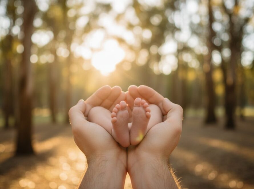 A heartwarming, cinematic shot showcasing a tender newborn photoshoot Emerald Victoria families would love, featuring a peaceful baby nestled in a soft blanket with parents gently touching hands in the background, bathed in natural light, evoking warmth and connection amidst the lush Emerald landscape.