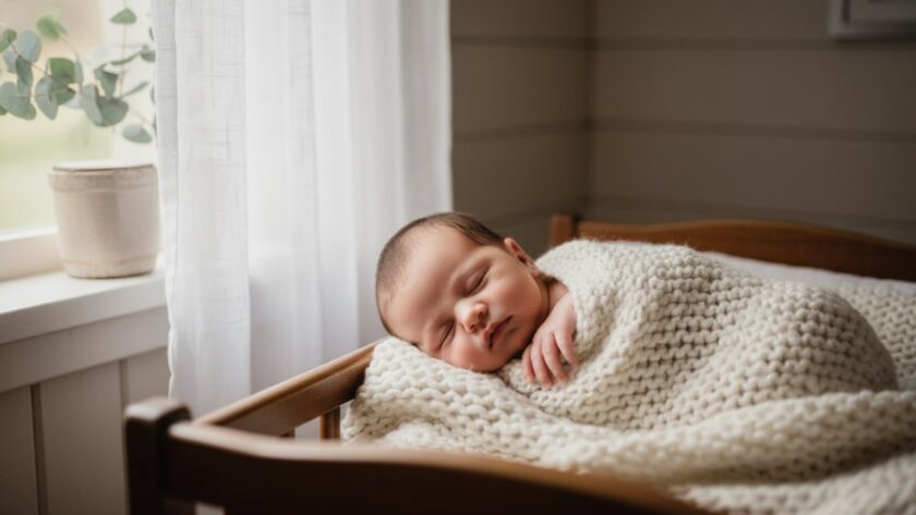 A tender newborn photoshoot Somerville capturing an 'epic moment' of a peaceful baby sleeping soundly, swaddled in soft, natural fibres, bathed in gentle morning light filtering through a window in a rustic, light-filled studio, evoking warmth and serenity.