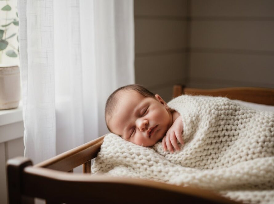 A tender newborn photoshoot Somerville capturing an 'epic moment' of a peaceful baby sleeping soundly, swaddled in soft, natural fibres, bathed in gentle morning light filtering through a window in a rustic, light-filled studio, evoking warmth and serenity.