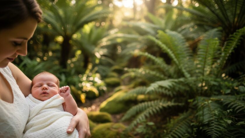 A heartwarming, softly lit close-up of a newborn baby's tiny hand gently grasping a parent's finger, symbolising love and connection amidst the tranquil Sassafras Dandenong Ranges, capturing tender Sassafras newborn photography capturing family joy.