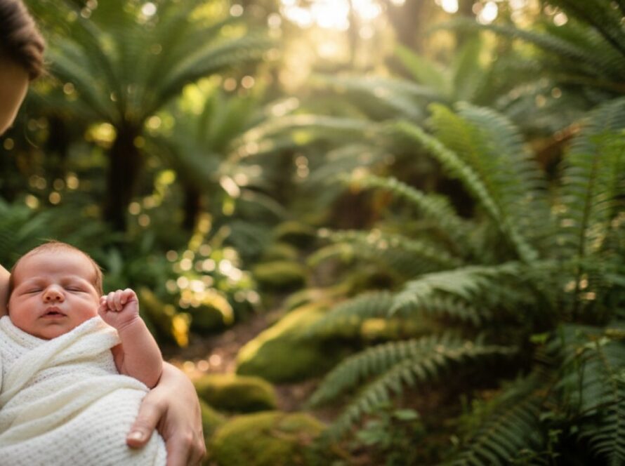 A heartwarming, softly lit close-up of a newborn baby's tiny hand gently grasping a parent's finger, symbolising love and connection amidst the tranquil Sassafras Dandenong Ranges, capturing tender Sassafras newborn photography capturing family joy.