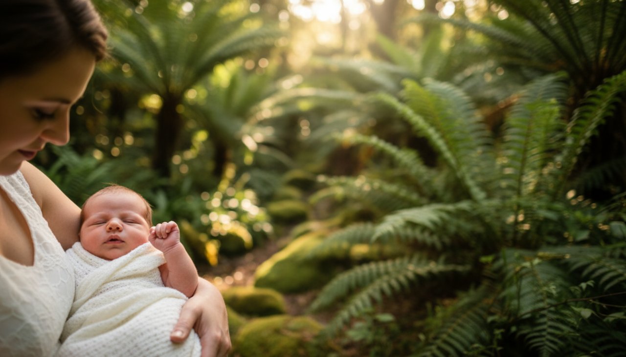 A heartwarming, softly lit close-up of a newborn baby's tiny hand gently grasping a parent's finger, symbolising love and connection amidst the tranquil Sassafras Dandenong Ranges, capturing tender Sassafras newborn photography capturing family joy.