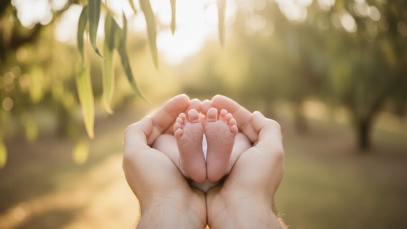 Epic moment from a tender Wandin East baby photoshoot: A newborn's tiny hand gently clasps a parent's finger, bathed in soft Wandin East light, evoking pure connection and love.