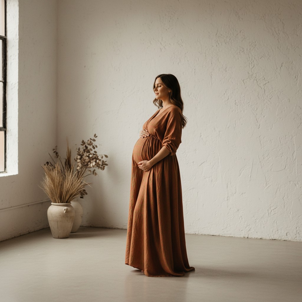 A pregnant woman standing gracefully in a minimalist studio setting, bathed in soft, diffused natural light. Her silhouette is subtly outlined by the light, emphasizing the bump and elegant form. The color palette features warm, earthy tones with a hint of muted green, evoking a sophisticated Australian aesthetic. Focus on clean lines and a timeless, serene expression. No explicit Australian landscape, but inspired by the natural light and earthy tones.