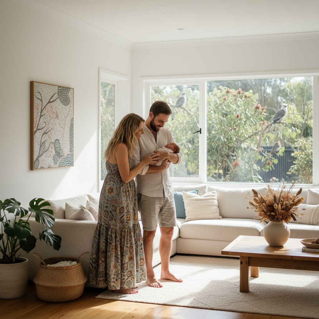 A candid, high-quality photograph of modern Australian parents lovingly interacting with their newborn baby in a sun-drenched, airy living room. The style is lifestyle photography, capturing authentic joy and connection, with subtle hints of Australian decor or a view of a native garden through a window. No text.