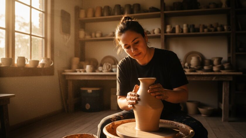 An artisan baker in a rustic cafe in The Patch, Victoria, carefully placing a freshly baked sourdough loaf on a wooden shelf, bathed in warm golden hour sunlight, epitomizing the craft and community spirit captured by The Patch commercial photography for distinctive advertising.