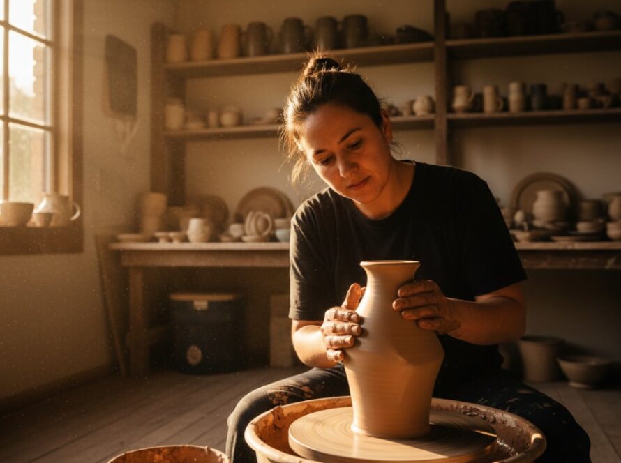An artisan baker in a rustic cafe in The Patch, Victoria, carefully placing a freshly baked sourdough loaf on a wooden shelf, bathed in warm golden hour sunlight, epitomizing the craft and community spirit captured by The Patch commercial photography for distinctive advertising.