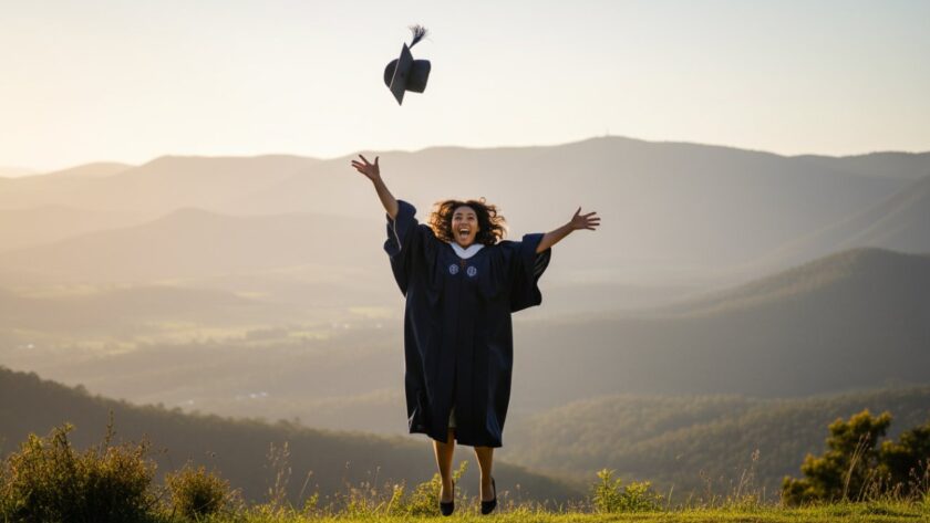 A proud graduate in a cap and gown, smiling brightly against a breathtaking golden hour backdrop of the Dandenong Ranges, celebrating their The Patch Dandenongs graduation photography milestone with a joyful toss of their cap.