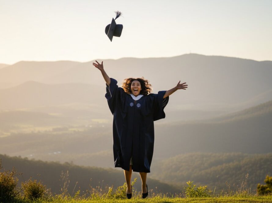 A proud graduate in a cap and gown, smiling brightly against a breathtaking golden hour backdrop of the Dandenong Ranges, celebrating their The Patch Dandenongs graduation photography milestone with a joyful toss of their cap.
