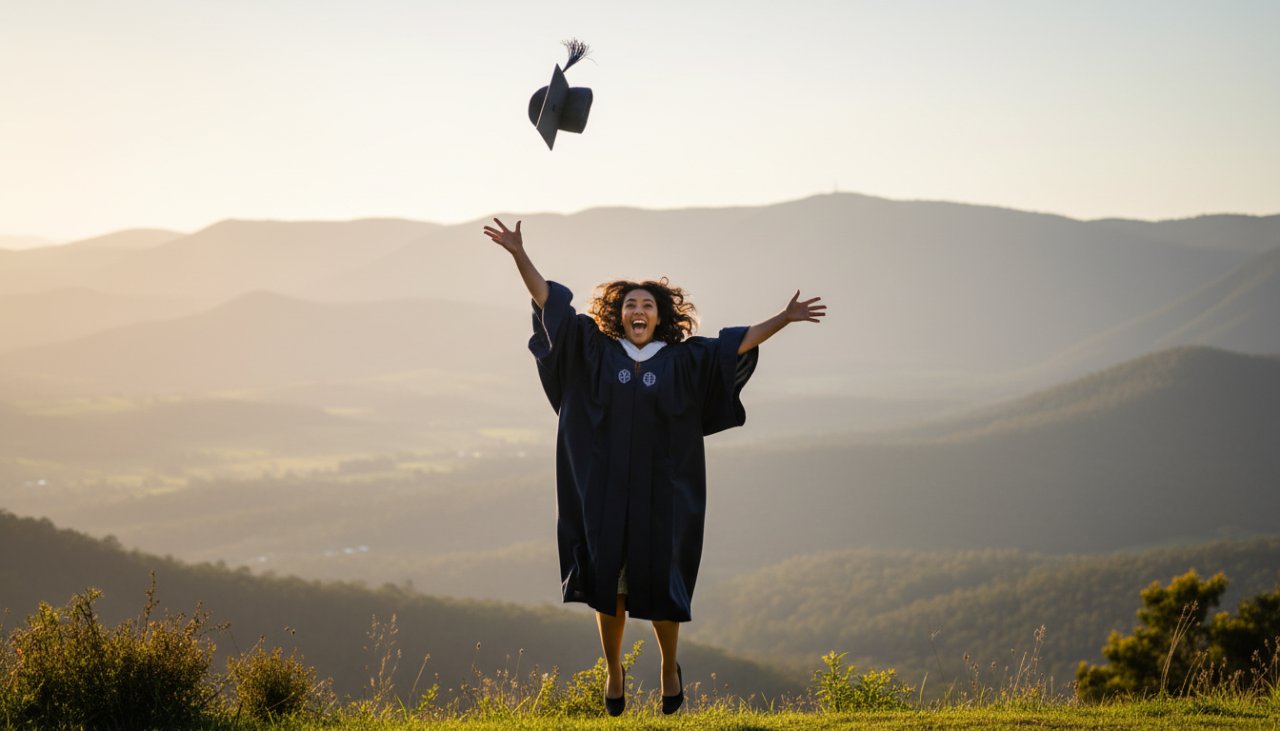 A proud graduate in a cap and gown, smiling brightly against a breathtaking golden hour backdrop of the Dandenong Ranges, celebrating their The Patch Dandenongs graduation photography milestone with a joyful toss of their cap.