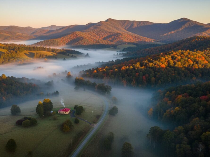 A breathtaking aerial photograph captured by The Patch drone photography stunning Dandenongs vistas service, showcasing the vibrant autumn colours of The Patch against the majestic Dandenong Ranges at sunrise, with a mist-filled valley below.