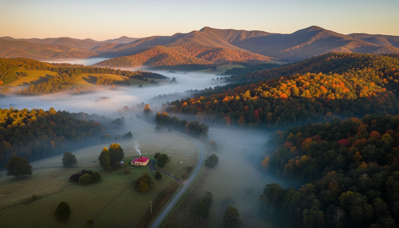 A breathtaking aerial photograph captured by The Patch drone photography stunning Dandenongs vistas service, showcasing the vibrant autumn colours of The Patch against the majestic Dandenong Ranges at sunrise, with a mist-filled valley below.