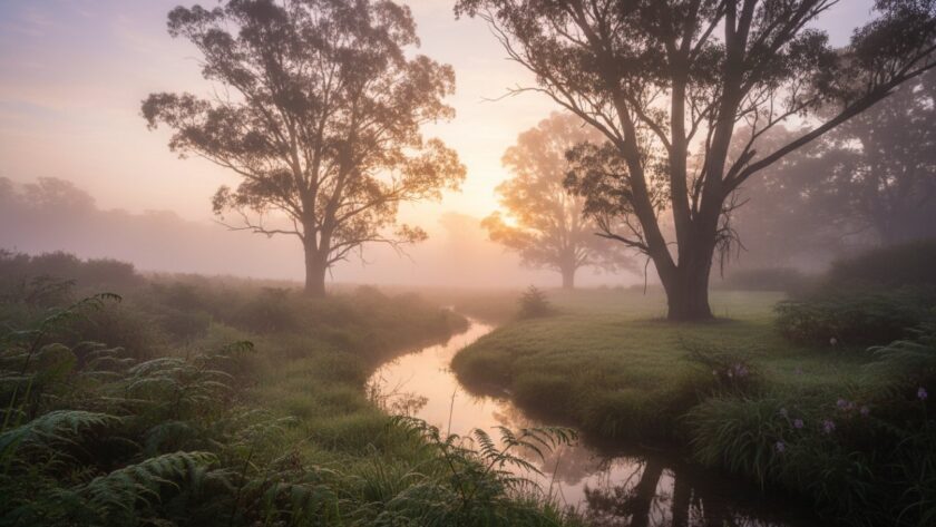 An epic moment captured in The Patch Fine Art Nature Photography Victoria, showing a misty sunrise over the Dandenong Ranges, with a solitary ancient eucalyptus tree silhouetted against the golden light, evoking peace and grandeur.