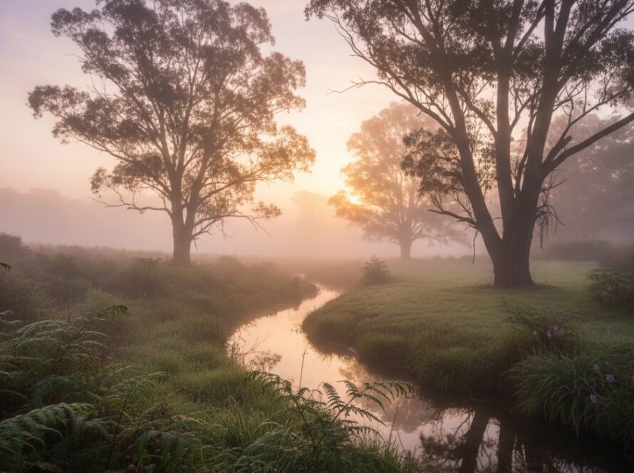 An epic moment captured in The Patch Fine Art Nature Photography Victoria, showing a misty sunrise over the Dandenong Ranges, with a solitary ancient eucalyptus tree silhouetted against the golden light, evoking peace and grandeur.