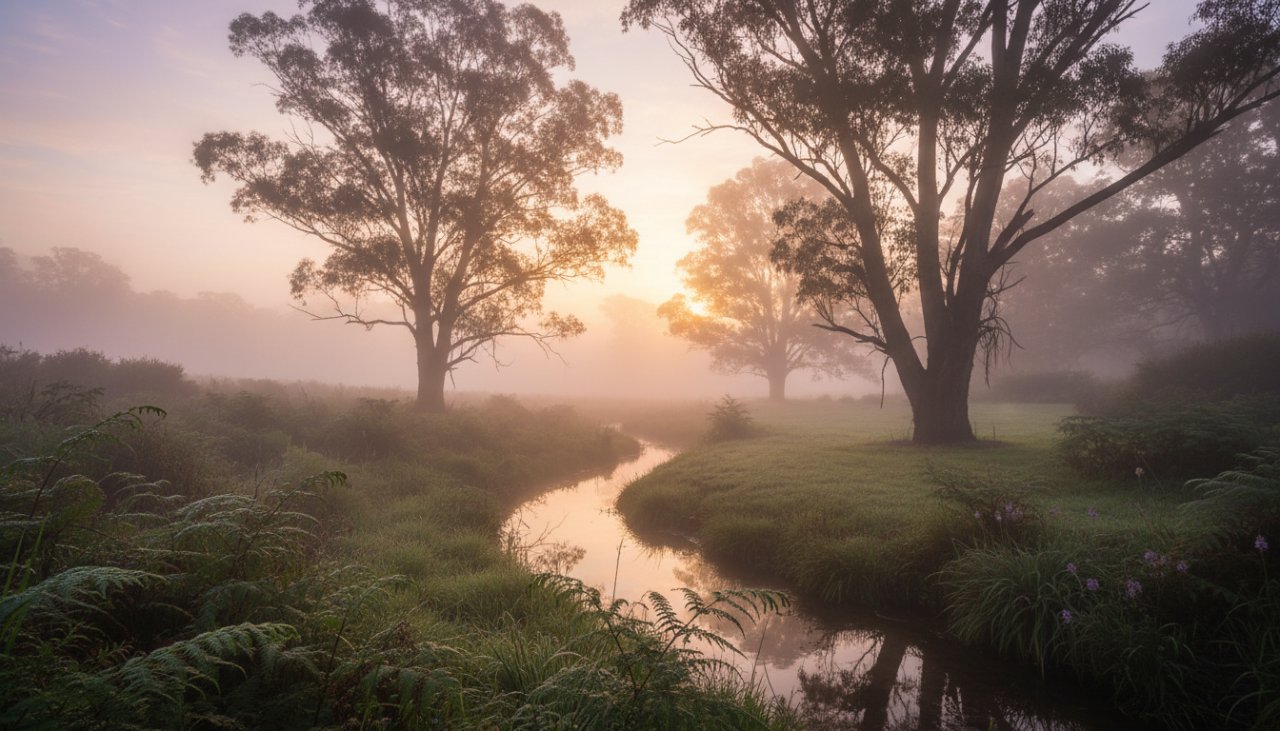 An epic moment captured in The Patch Fine Art Nature Photography Victoria, showing a misty sunrise over the Dandenong Ranges, with a solitary ancient eucalyptus tree silhouetted against the golden light, evoking peace and grandeur.