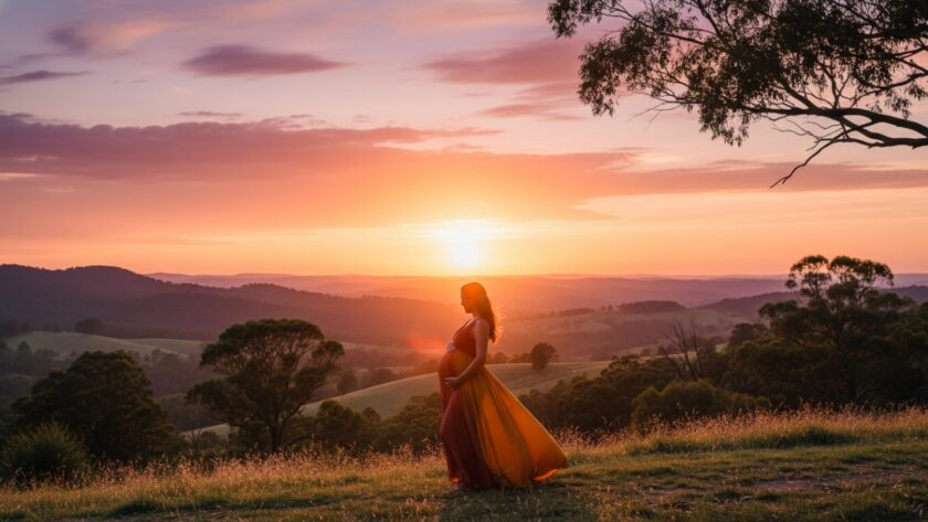 A breathtaking, wide-angle "epic moment" style photograph of a radiant pregnant woman silhouetted against a golden sunset in The Patch, Victoria, Australia, surrounded by rolling hills and ancient gum trees, capturing the serene journey of The Patch maternity photography experience in Victoria's serene hills.