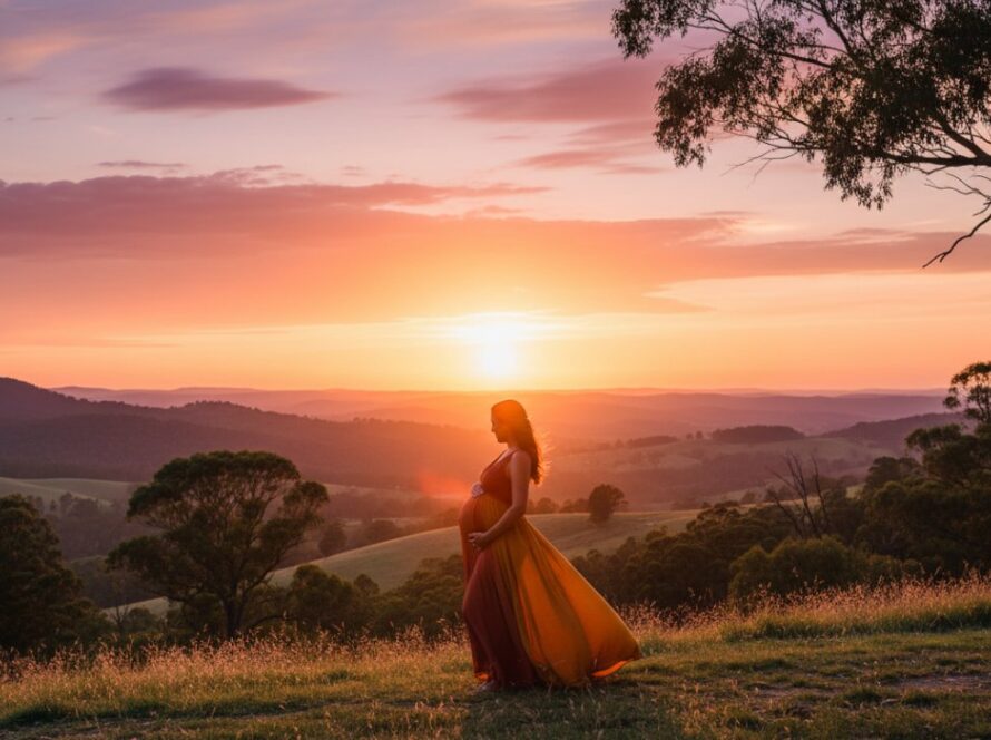 A breathtaking, wide-angle "epic moment" style photograph of a radiant pregnant woman silhouetted against a golden sunset in The Patch, Victoria, Australia, surrounded by rolling hills and ancient gum trees, capturing the serene journey of The Patch maternity photography experience in Victoria's serene hills.