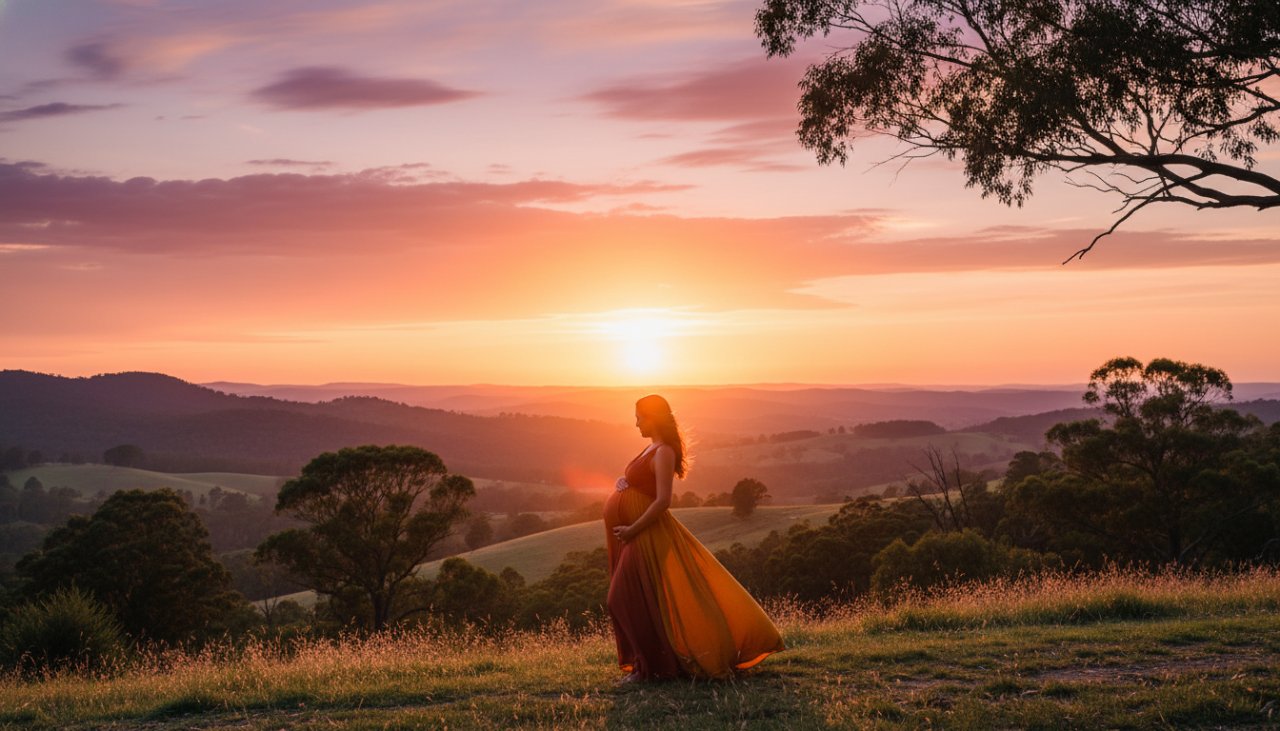 A breathtaking, wide-angle "epic moment" style photograph of a radiant pregnant woman silhouetted against a golden sunset in The Patch, Victoria, Australia, surrounded by rolling hills and ancient gum trees, capturing the serene journey of The Patch maternity photography experience in Victoria's serene hills.