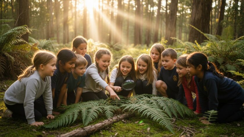 A vibrant, candid photograph capturing a group of primary school children from The Patch, Victoria, laughing joyfully during an outdoor lesson, showcasing authentic school photography natural portraits amidst the lush Dandenong Ranges landscape.