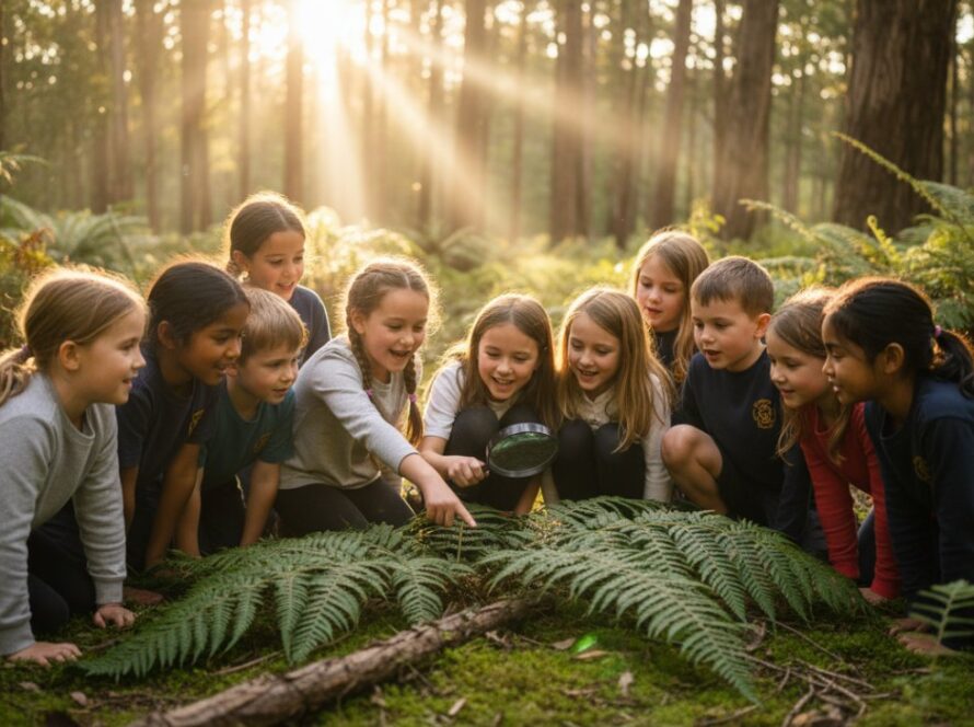 A vibrant, candid photograph capturing a group of primary school children from The Patch, Victoria, laughing joyfully during an outdoor lesson, showcasing authentic school photography natural portraits amidst the lush Dandenong Ranges landscape.