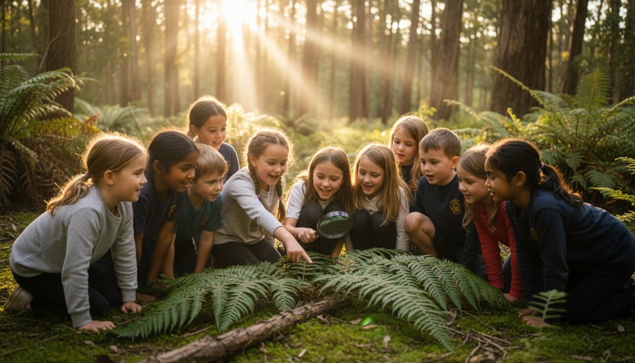 A vibrant, candid photograph capturing a group of primary school children from The Patch, Victoria, laughing joyfully during an outdoor lesson, showcasing authentic school photography natural portraits amidst the lush Dandenong Ranges landscape.